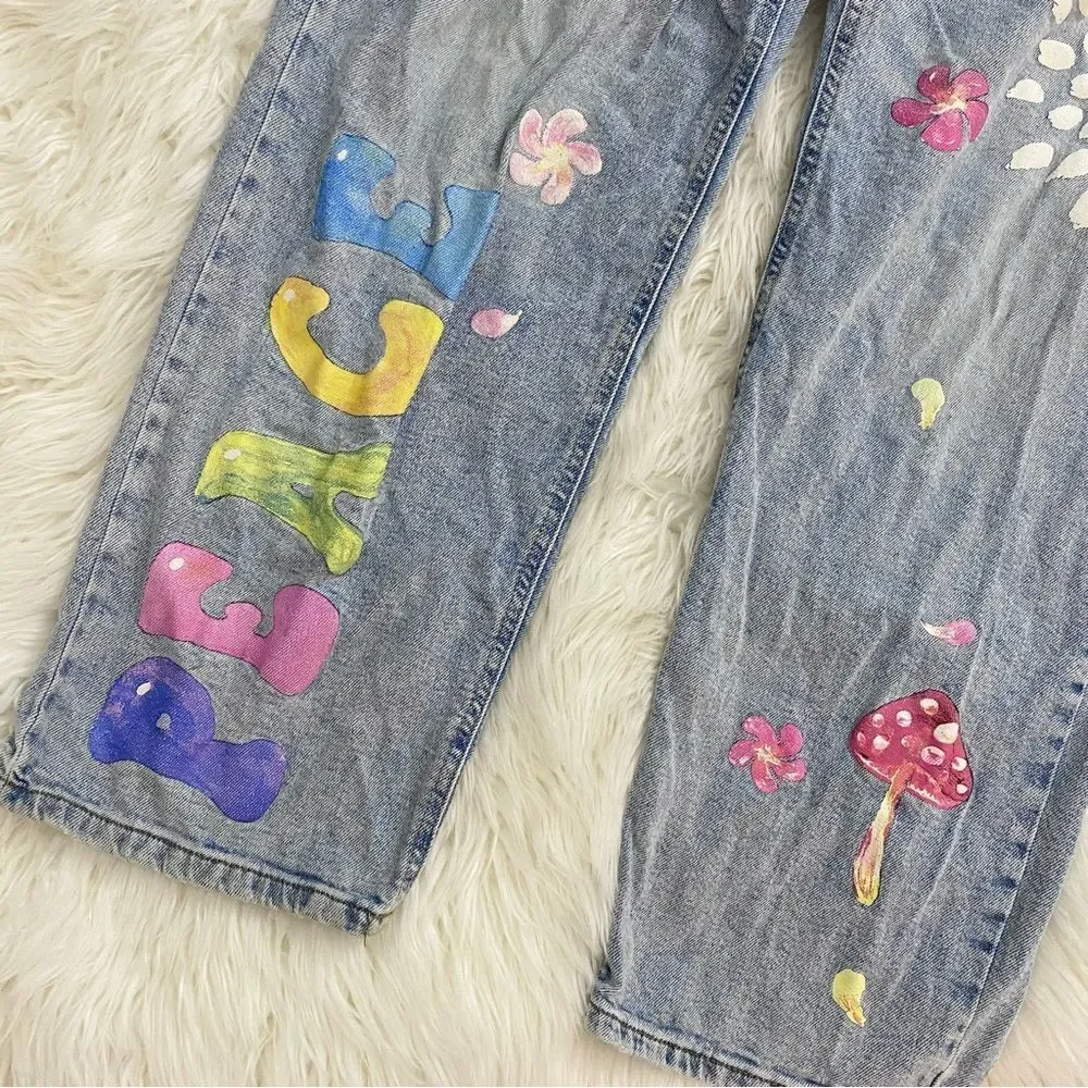High Rise Dad Jeans Painted Denim Jeans 🍄 🌸